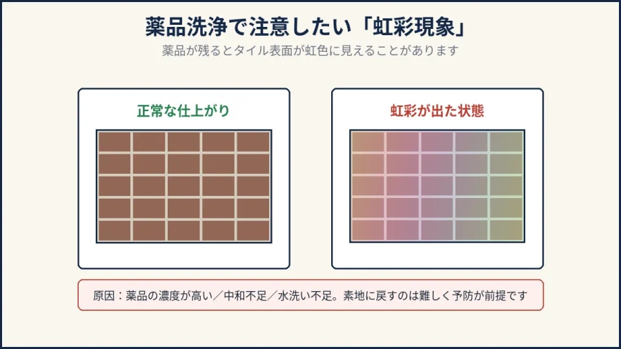 薬品洗浄の虹彩現象と正常な仕上がりの比較図解