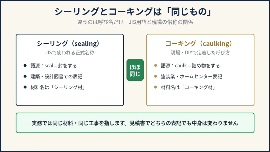 シーリングとコーキングは同じものであることを示す図解｜JIS用語と現場の俗称