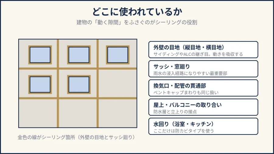 シーリングが使われている箇所の図解｜外壁の目地・サッシ廻り・貫通部