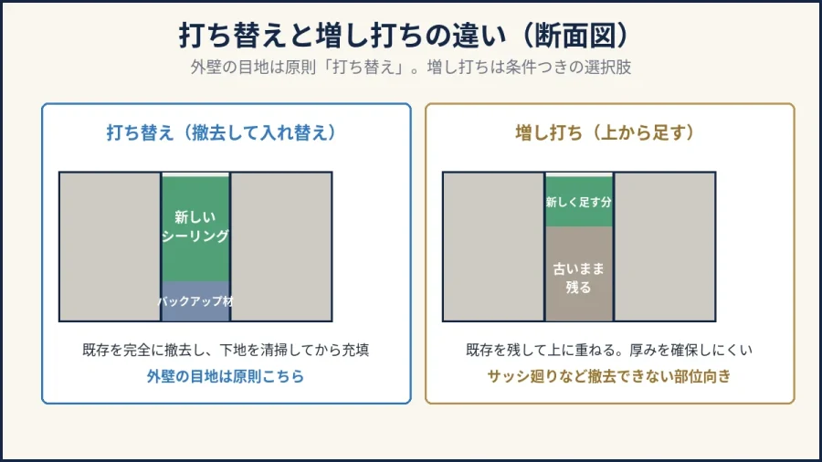 打ち替えと増し打ちの違いを示す断面図解