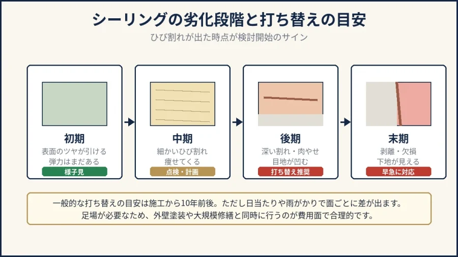 シーリングの劣化段階4ステップと打ち替えの目安の図解