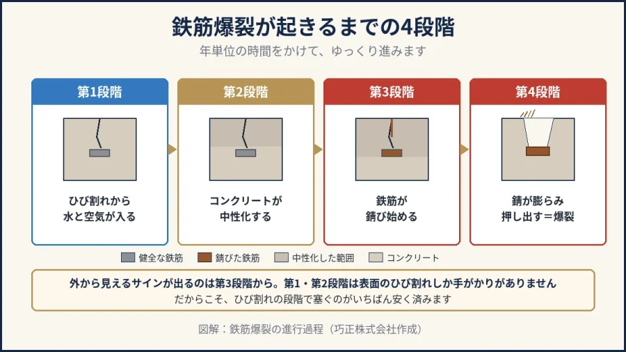 鉄筋爆裂が起きるまでの4段階を示した図解｜八王子の巧正株式会社