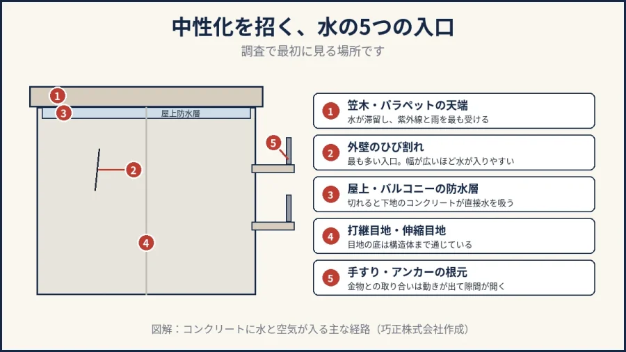 コンクリートに水と空気が入る5つの経路を示した図解｜八王子の巧正株式会社