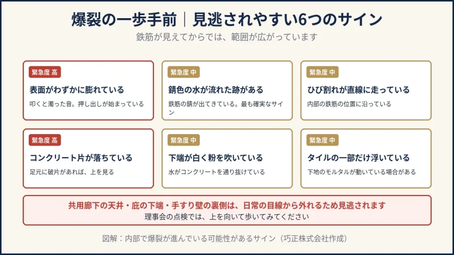 爆裂の一歩手前で見逃されやすい6つのサインの図解｜八王子の巧正株式会社