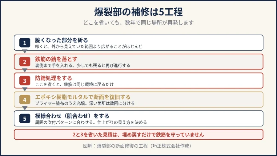 爆裂部の断面修復5工程を示した図解｜八王子の巧正株式会社