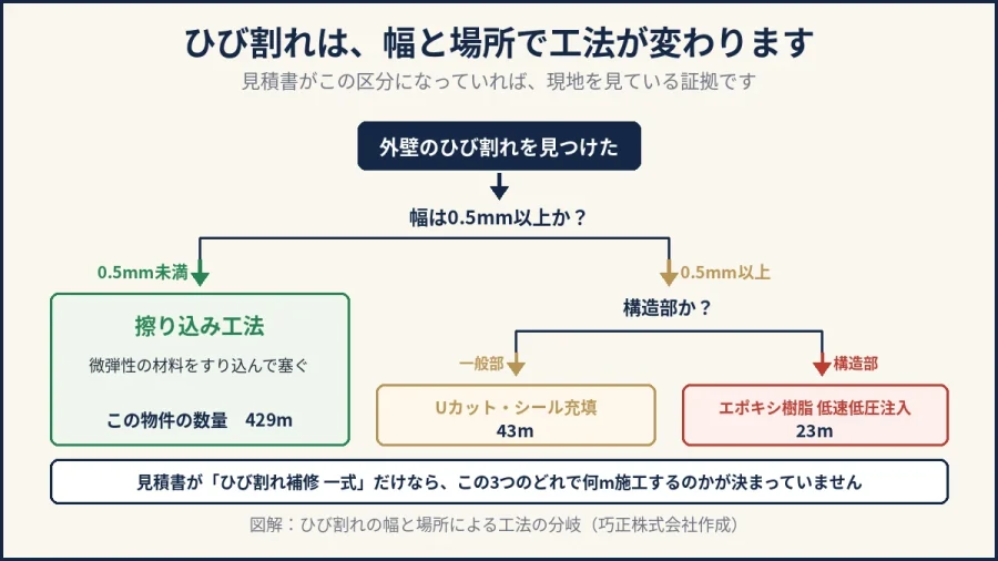 ひび割れの幅と場所で工法が分かれることを示した図解｜八王子の巧正株式会社