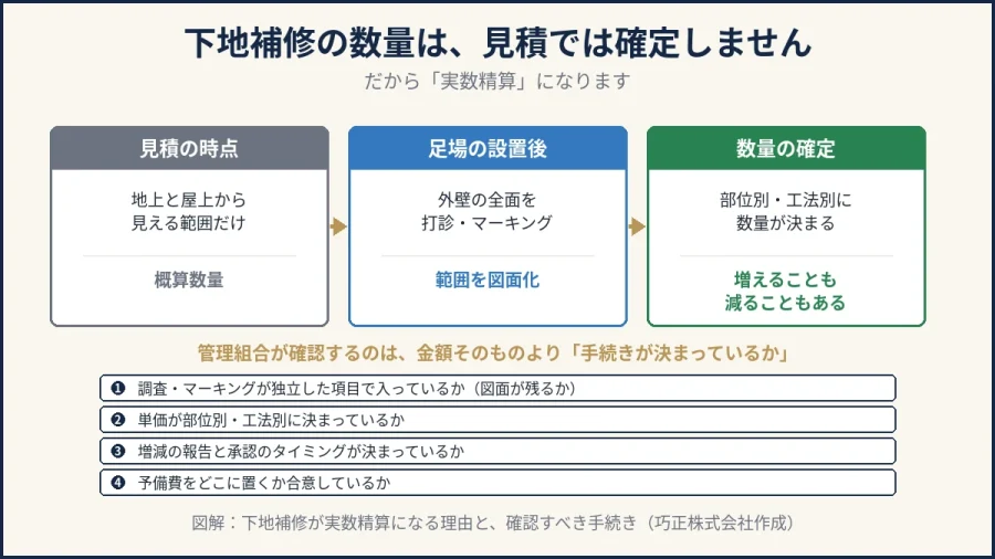 下地補修が実数精算になる理由と確認する手続きの図解｜八王子の巧正株式会社
