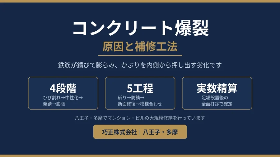 コンクリート爆裂の原因と補修工法を示した図解｜八王子の巧正株式会社