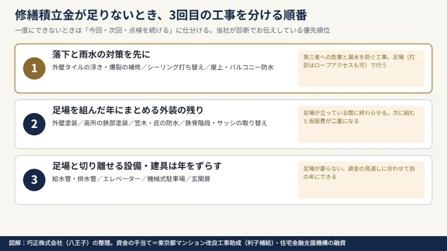 八王子の築40年マンション 3回目の大規模修繕で工事を分ける順番を示した図解