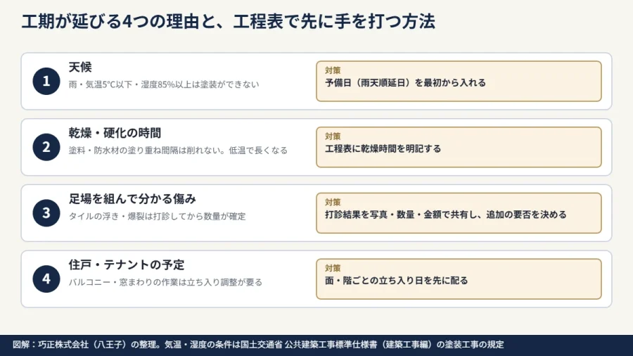 八王子の大規模修繕で工期が延びる4つの理由と工程表での対策を示した図解