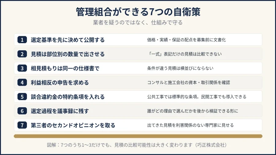 八王子の大規模修繕|管理組合ができる7つの談合自衛策のチェックリスト図解