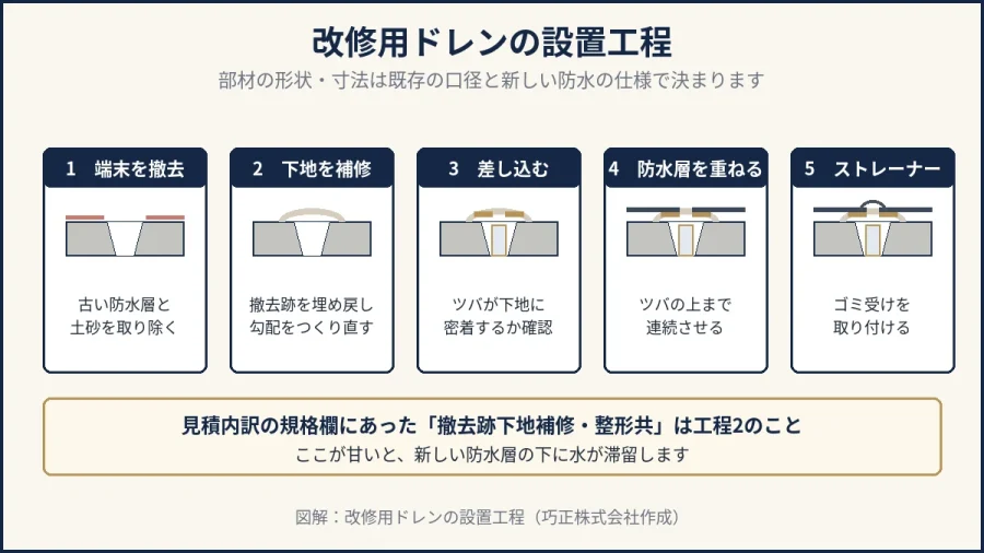 八王子の改修用ドレンの設置工程を示した図解