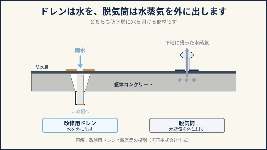 八王子の屋上のドレンと脱気筒の役割を示した図解