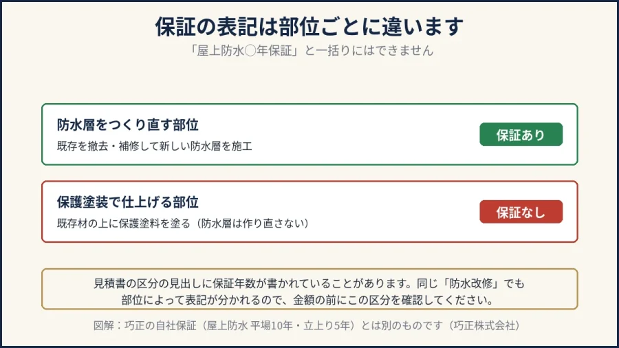 八王子の防水改修で保証の表記が部位ごとに違うことを示した図解