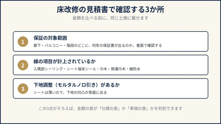 八王子の床改修の見積書で確認する3か所を示した図解