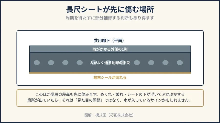 八王子の長尺シートが先に傷む場所を示した図解