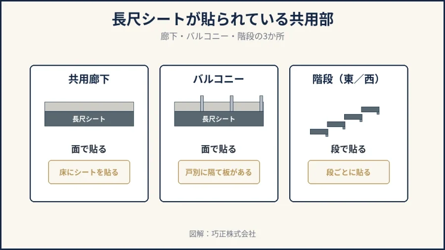 八王子のマンションで長尺シートが貼られている部位を示した図解