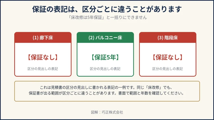 八王子の床改修で保証の表記が区分ごとに違うことを示した図解