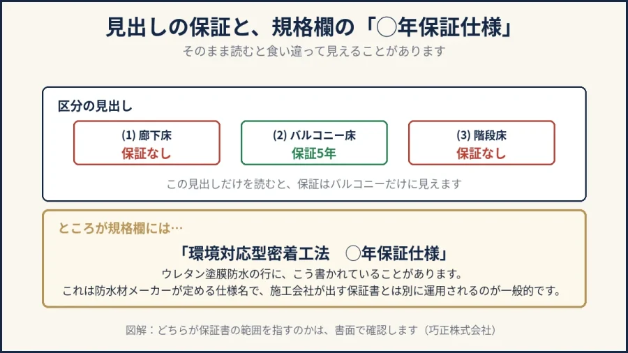 八王子の床改修で見出しの保証と規格欄の保証仕様が食い違って見えることを示した図解
