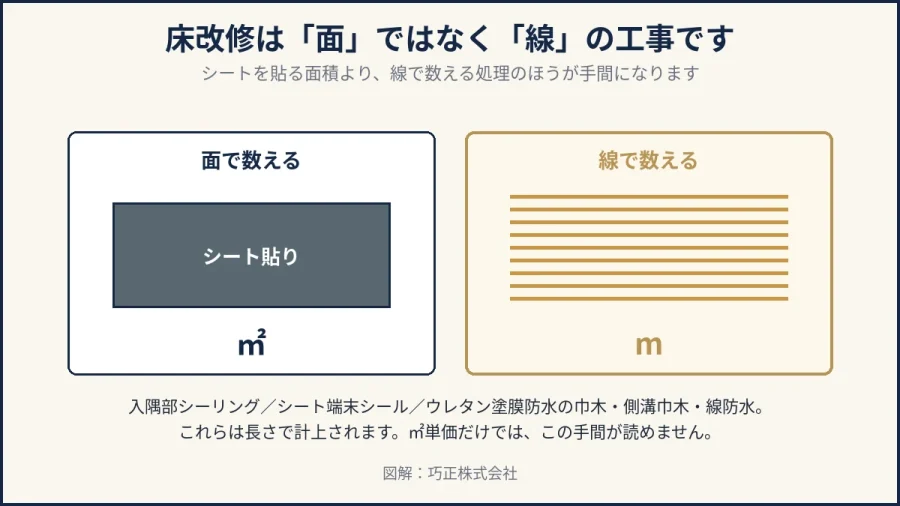 八王子の床改修でシート面積より線の処理が多いことを示した図解