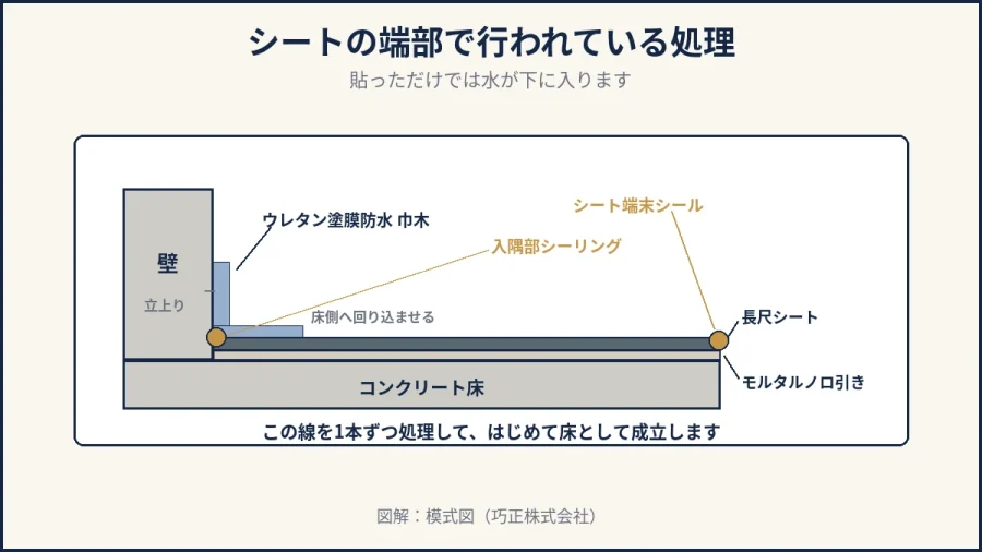 八王子の長尺シートの端末と巾木の納まりを示した断面図解