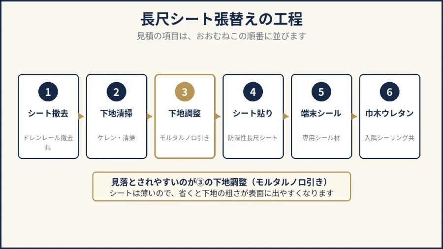 八王子の長尺シート張替えの工程を示した図解