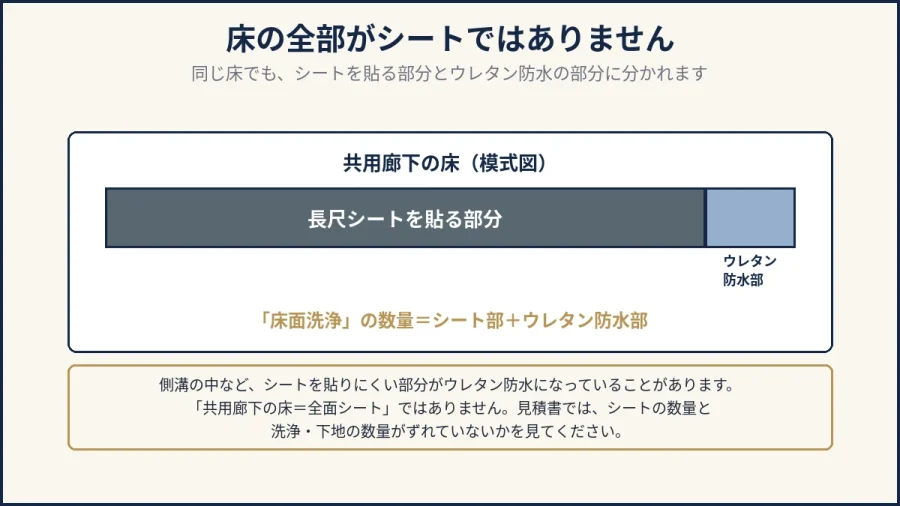 八王子の共用廊下の床がシート部とウレタン防水部に分かれることを示した図解