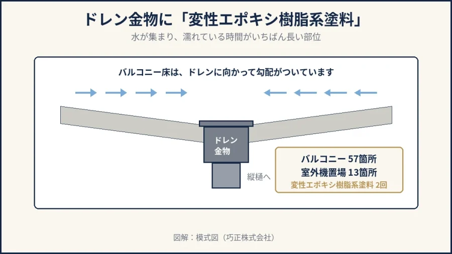 八王子のドレン金物に変性エポキシ樹脂系塗料が指定される理由の図解