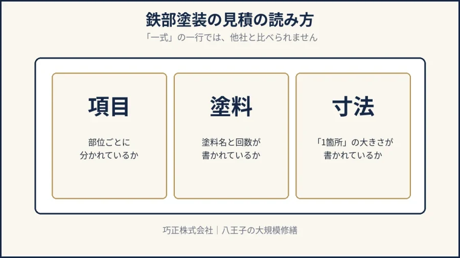 八王子の鉄部塗装の見積で確認する3つのポイントを示した図解