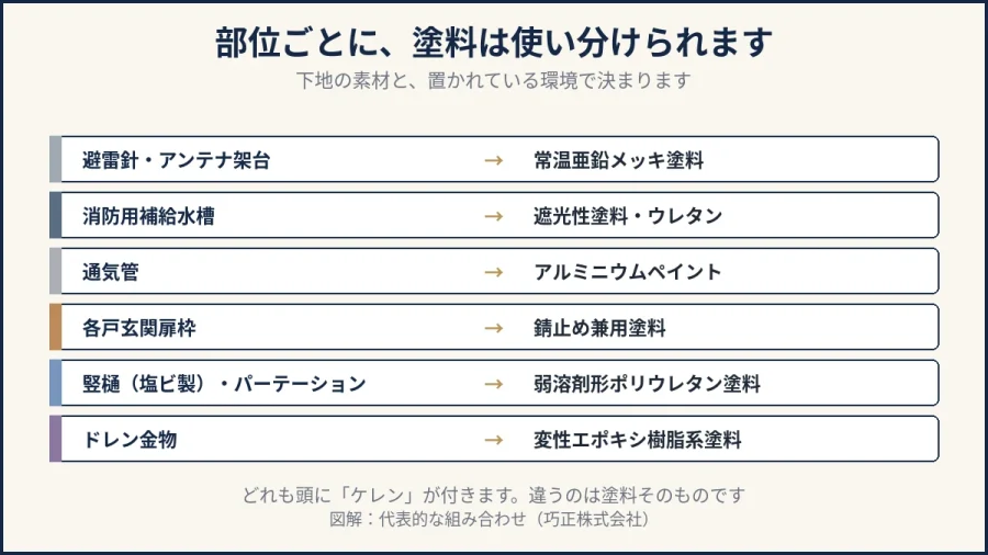 八王子の鉄部塗装で部位ごとに塗料が使い分けられることを示した図解