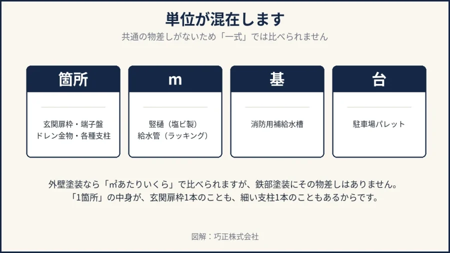 八王子の鉄部塗装の見積で単位が混在することを示した図解