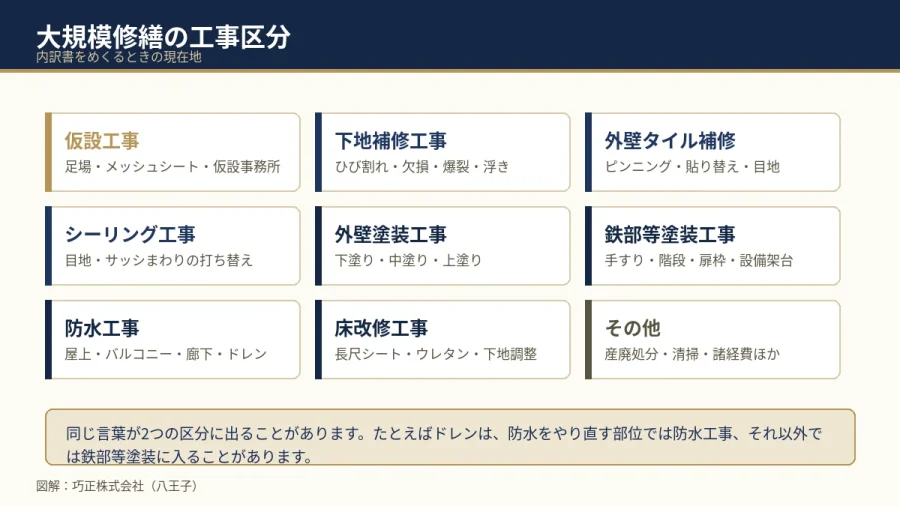 修繕工事の工事区分の全体像を示した図解（八王子・巧正）
