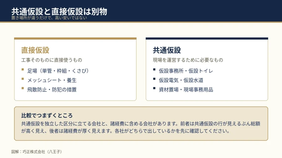 共通仮設と直接仮設の違いを示した図解（八王子・巧正）
