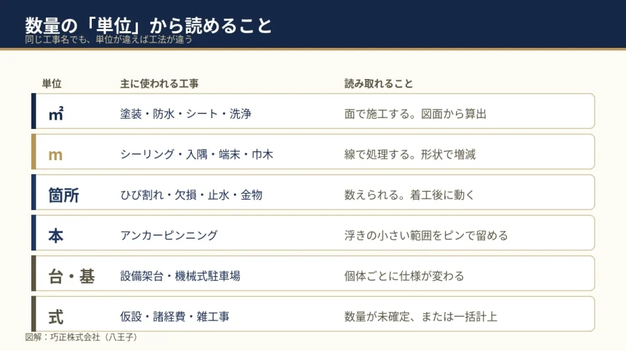 見積書の数量の単位から読めることを示した図解（八王子・巧正）