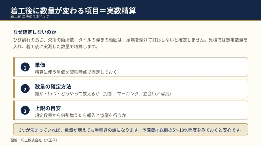 実数精算になる項目と着工前に決める3つを示した図解（八王子・巧正）