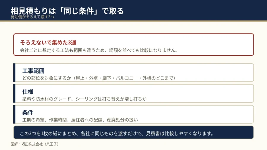 相見積もりをそろえる3条件を示した図解（八王子・巧正）