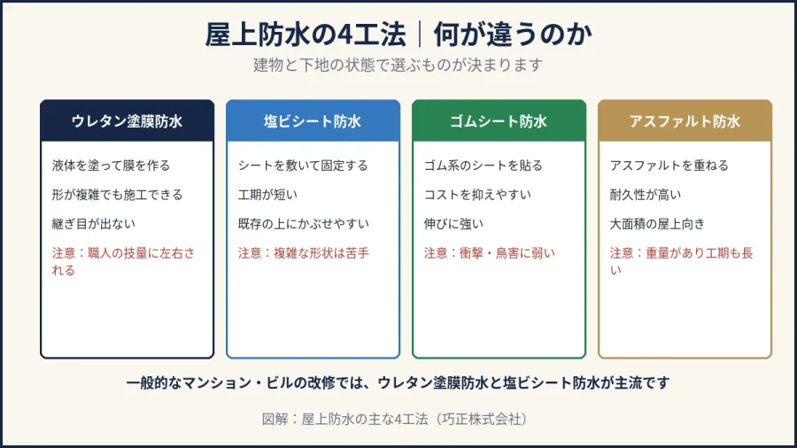 八王子のマンション屋上防水｜ウレタン塩ビシートゴムシートアスファルト4工法の比較図解