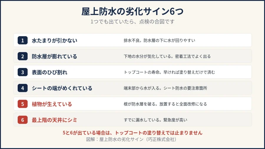 八王子のマンション屋上防水｜劣化サイン6つの図解