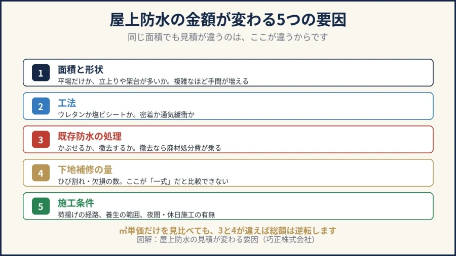 八王子のマンション屋上防水｜見積金額が変わる5つの要因の図解