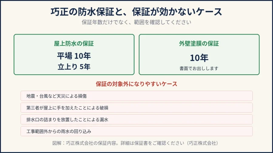 八王子のマンション屋上防水｜巧正の防水保証と保証対象外になるケースの図解