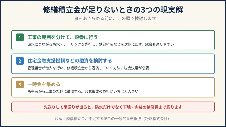 修繕積立金が不足する場合の3つの選択肢を示した図解｜八王子の巧正株式会社