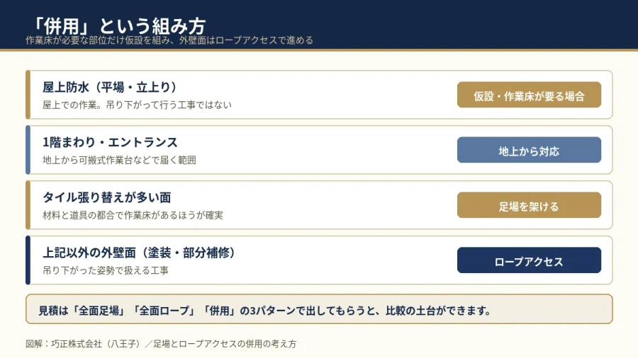 八王子の大規模修繕 足場とロープアクセスの併用の考え方を示した図解