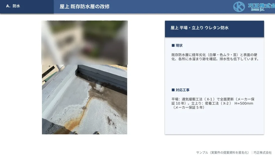 八王子の巧正の建物診断報告書サンプルの屋上防水の現状と対応工事のページ(匿名化)
