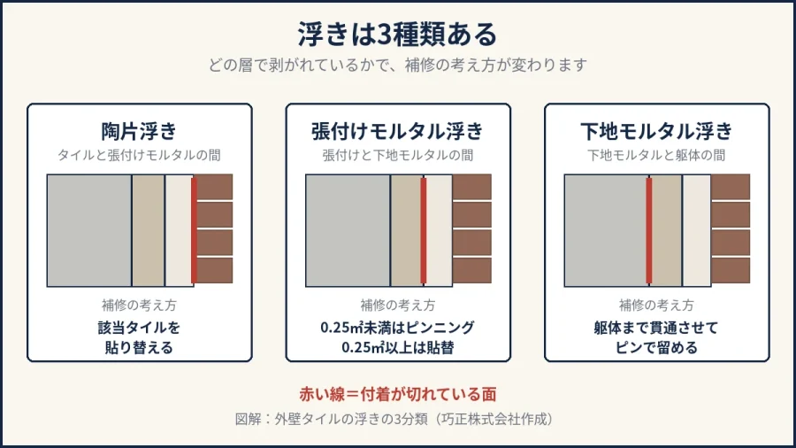 八王子の外壁タイルの浮きの3分類を示した図解