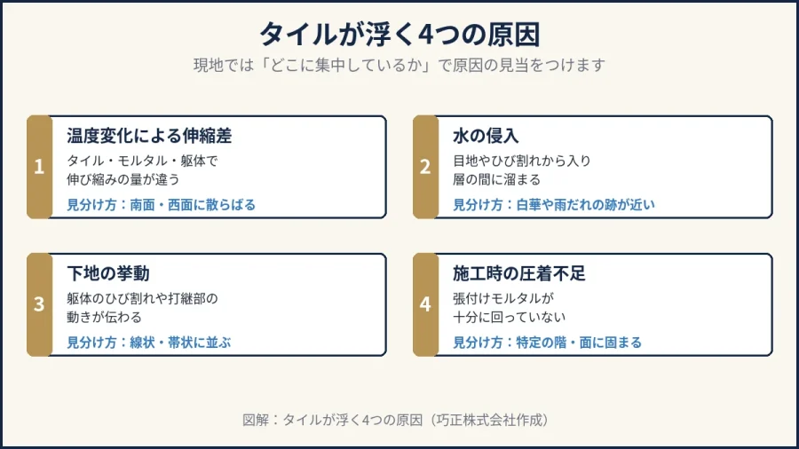 八王子でタイルが浮く4つの原因を示した図解