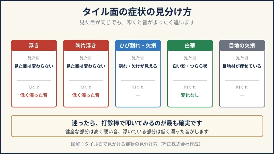 八王子の外壁タイル面の症状の見分け方を示した図解