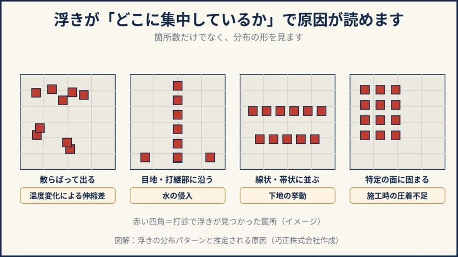 八王子の外壁タイルの浮きの分布パターンを示した図解