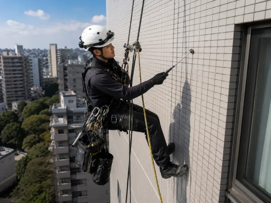 ロープアクセスによる外壁調査（巧正の施工現場）