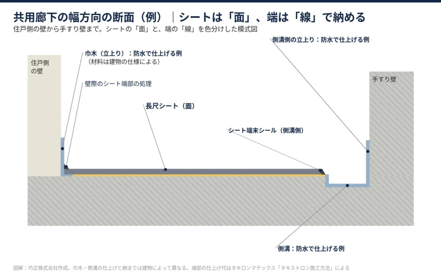 図解 共用廊下の幅方向の断面 巾木 長尺シート 端末シール 側溝