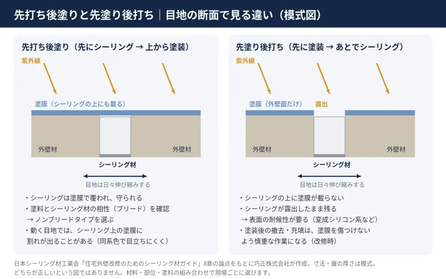 八王子 図解 先打ち後塗りと先塗り後打ちの目地断面 塗膜の位置と紫外線 目地の動き